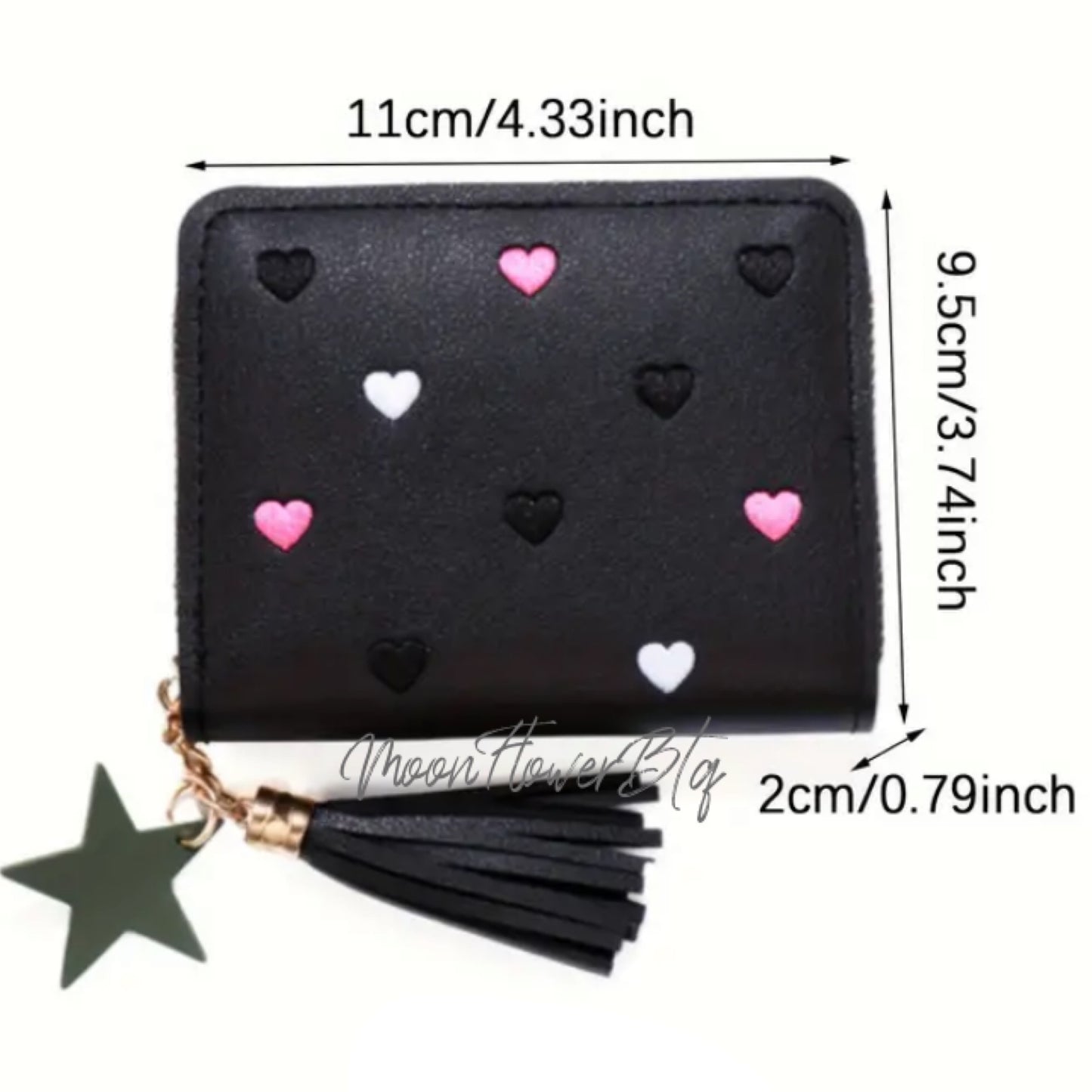 Black Heart Print Zip Top Wallet