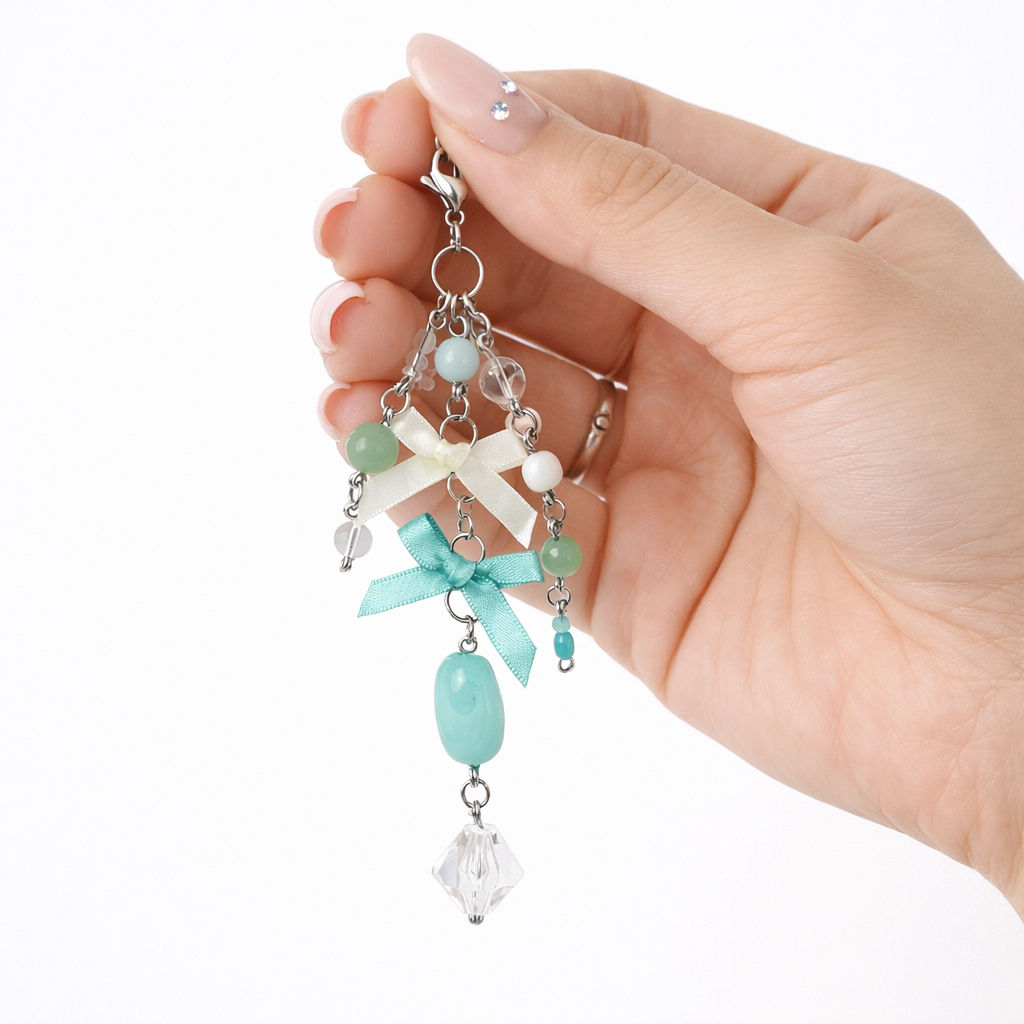 Mint Green Beaded Bow Charm - Bag Charm Keychain Zipper Pull