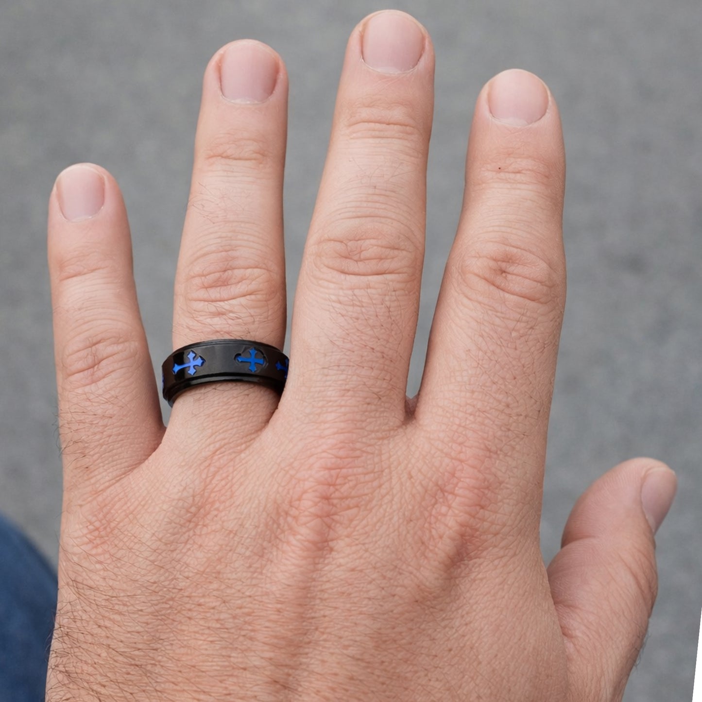 Black Stainless Steel Spinner Ring with Blue Cross Design