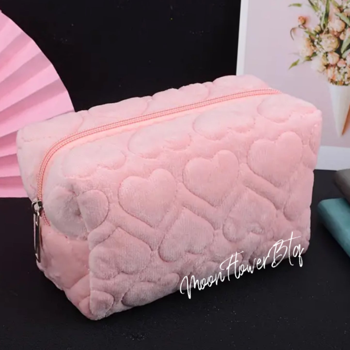 Pink Fuzzy Heart Cosmetic Makeup Bag