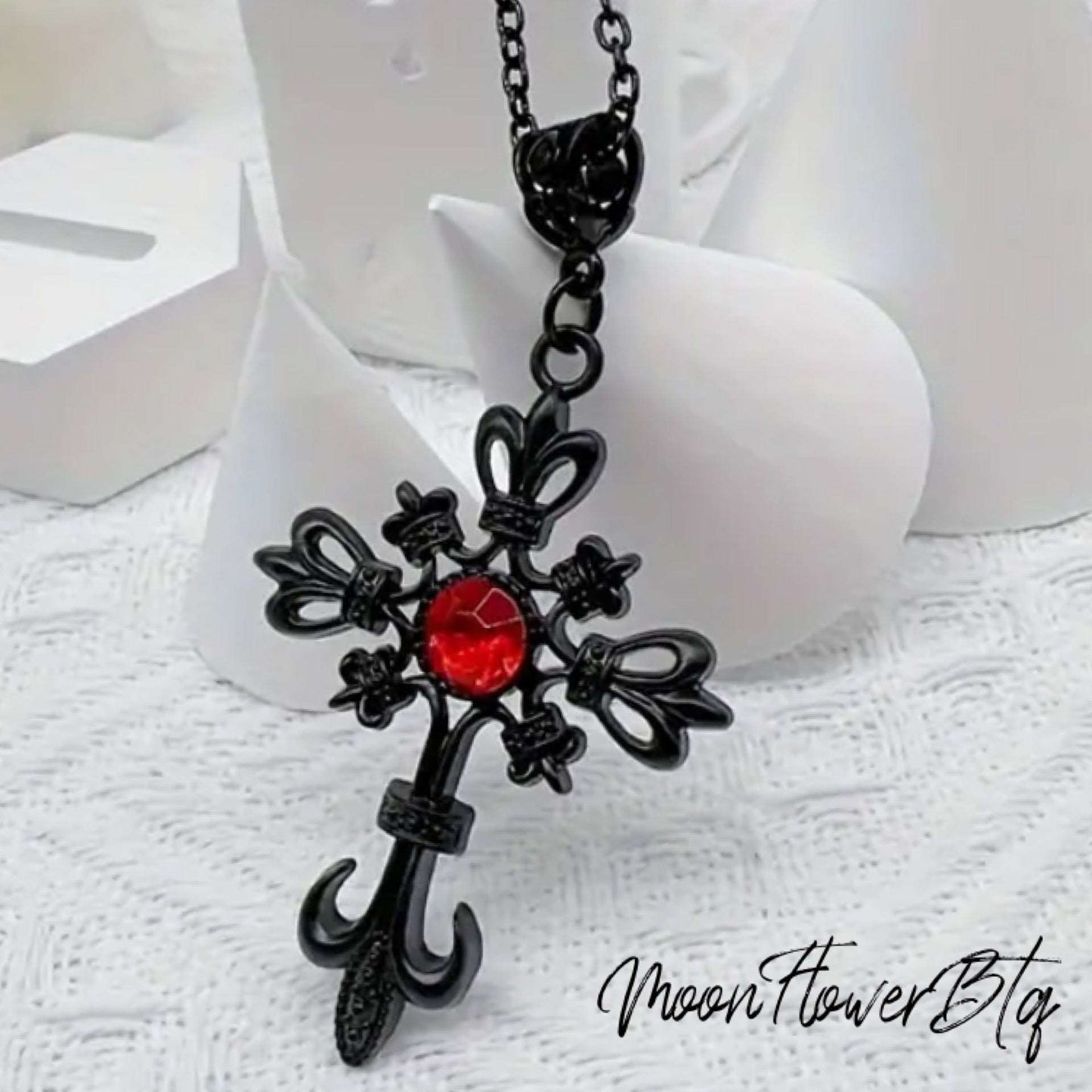 Vintage Gothic Black Red CZ Cross Pendant Necklace