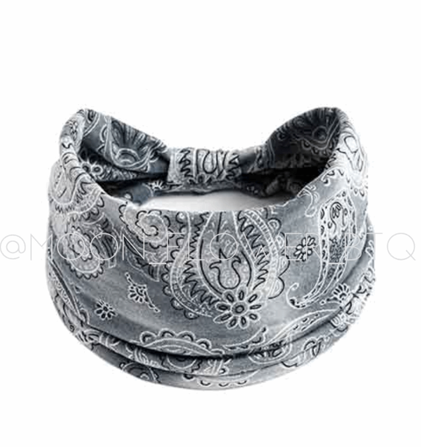 Gray Paisley Bandana Print Turban Headband Ear Warmer