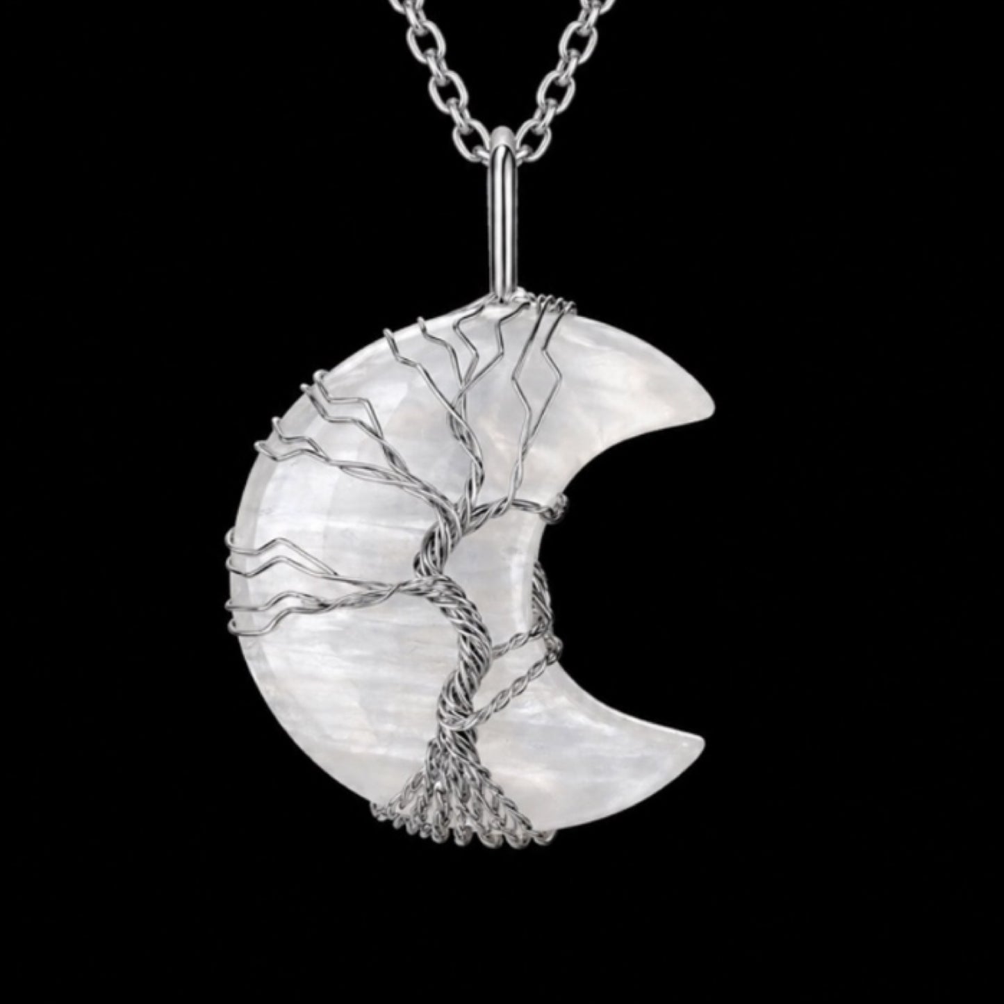 Moonstone Crescent Moon Tree of Life Necklace – 24” Chain