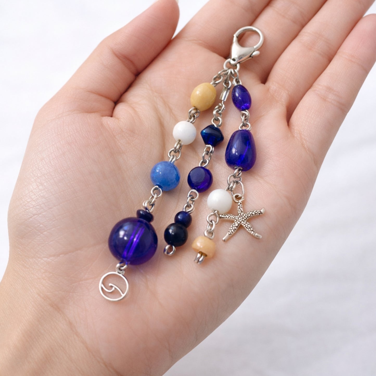 Blue Beaded Starfish & Wave Coastal Charm | Keychain Bag Charm Zipper Pull