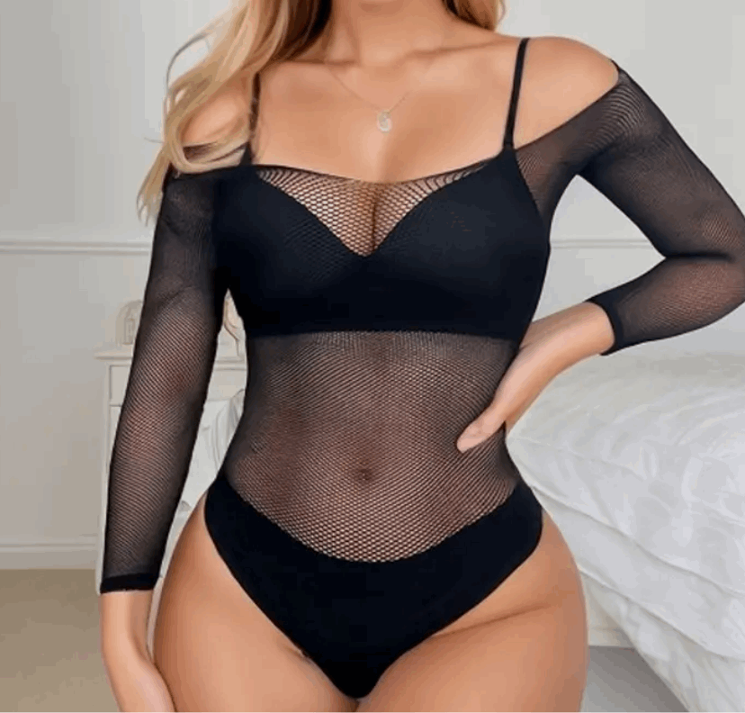 Black Long-Sleeved Net Body Suit