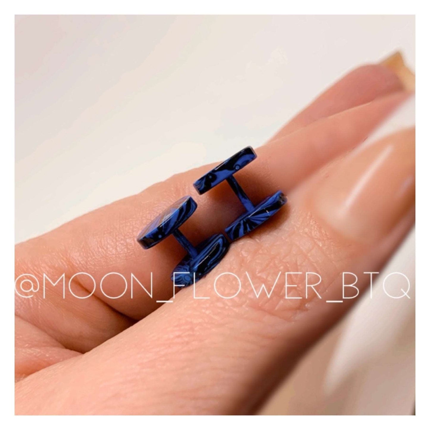 Blue & Black Marble Flat Barbell Earrings