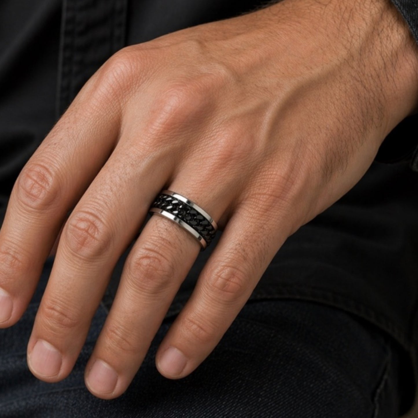 Stainless Steel Black Chain Spinner Ring