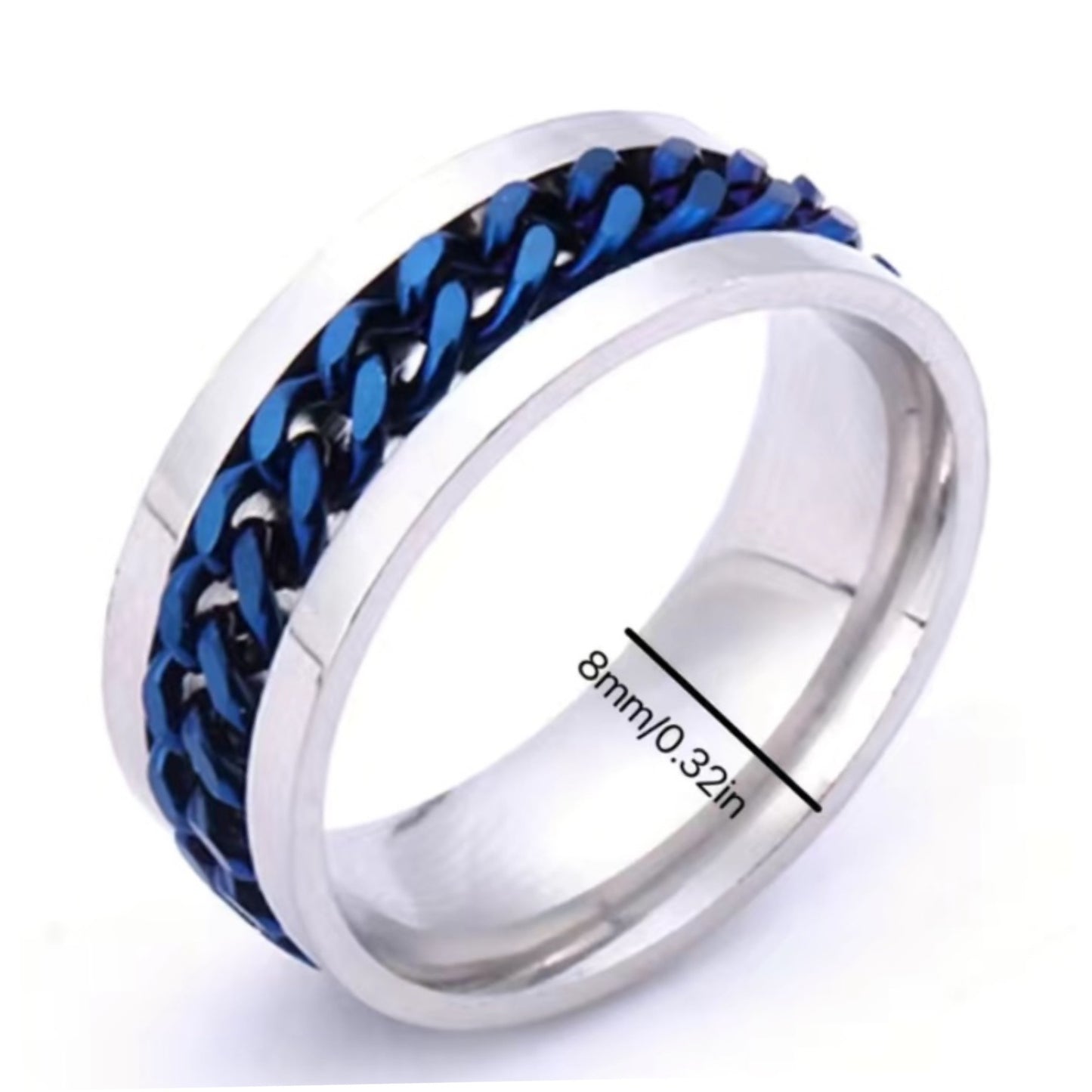 Silver Blue Chain Anxiety Fidget Spinner Ring