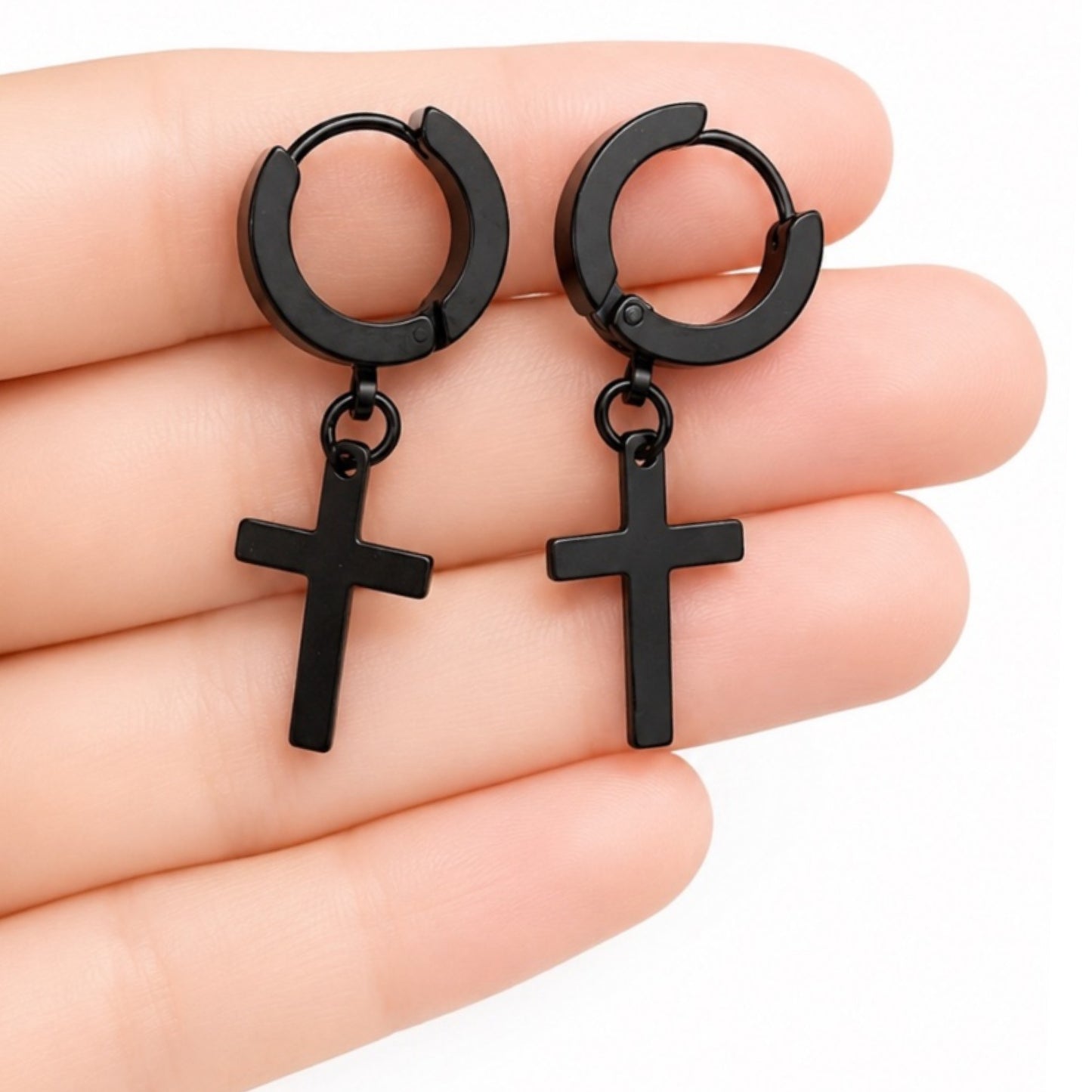 Black Cross Dangle Huggie Hoop Earrings – 20G 8mm