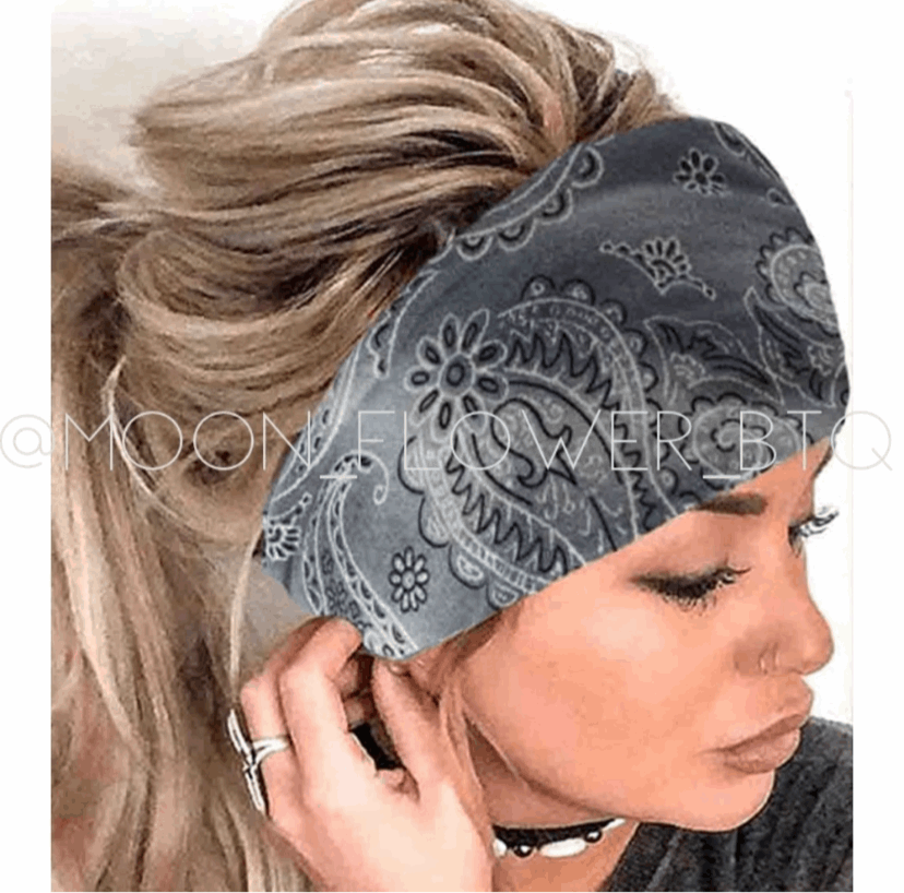 Gray Paisley Bandana Print Turban Headband Ear Warmer