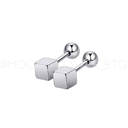 Silver Cube Barbell Earrings