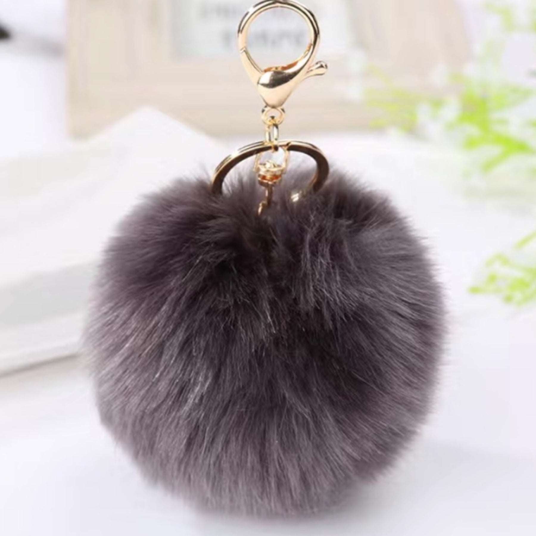 Dark Gray Soft Faux Fur Pom Pom Keychain Bag Charm