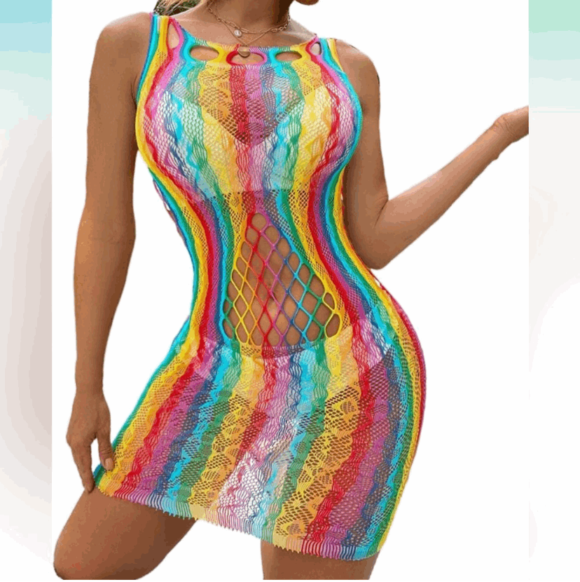 Rainbow Lace Mesh Fishnet Sleeveless Dress