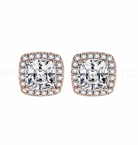 18k Rose Gold Halo Square Stud Earrings