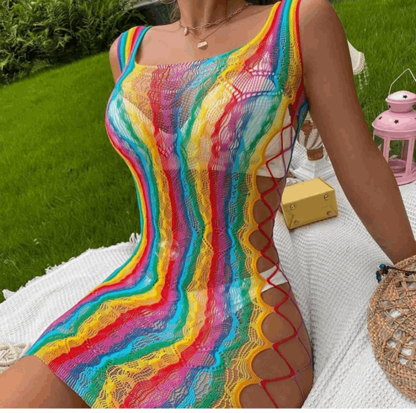 Rainbow Mesh Fishnet Dress Festival Rave Outfit Swim Cover