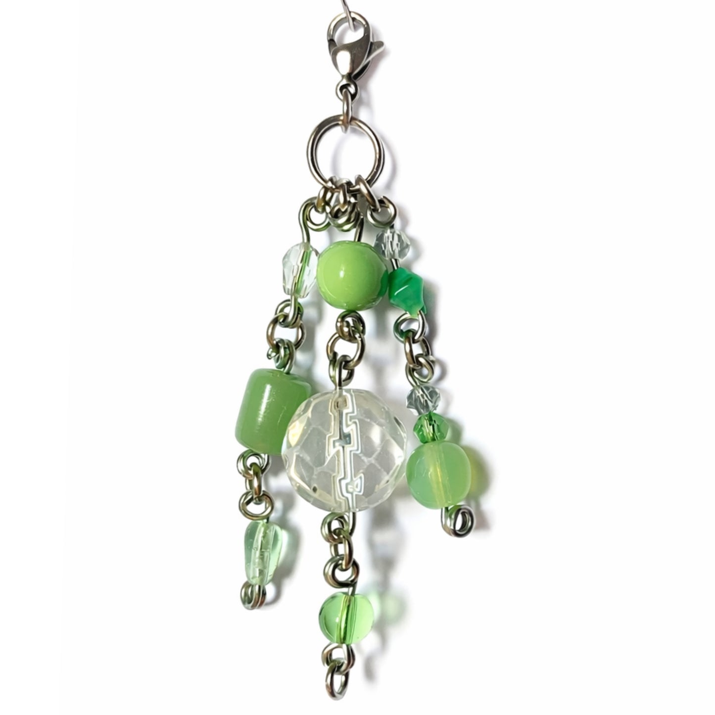 Green Glass Beaded Charm Keychain & Zipper Pull – Stainless Steel | OOAK