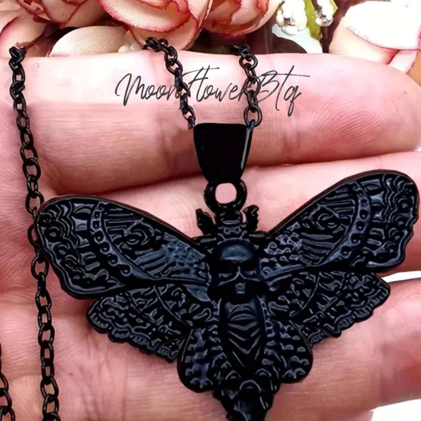 Black Gothic Skull Moth Pendant Necklace