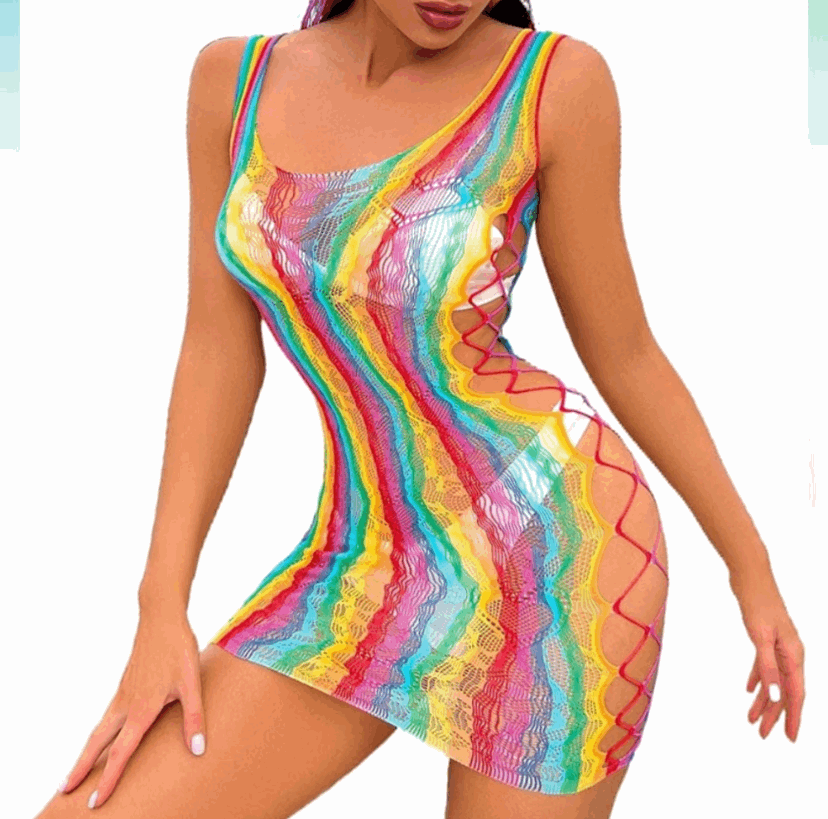 Rainbow Mesh Fishnet Dress Festival Rave Outfit Swim Cover