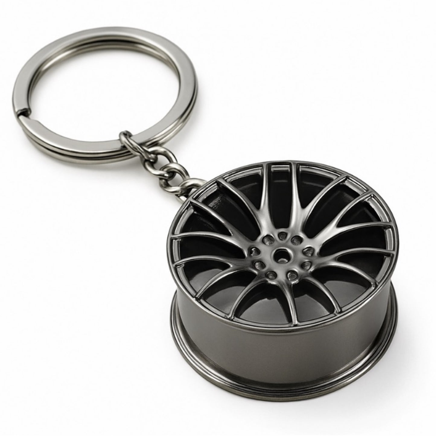 Gunmetal Car Wheel Keychain | Spoke Rim Design Silver Key Ring