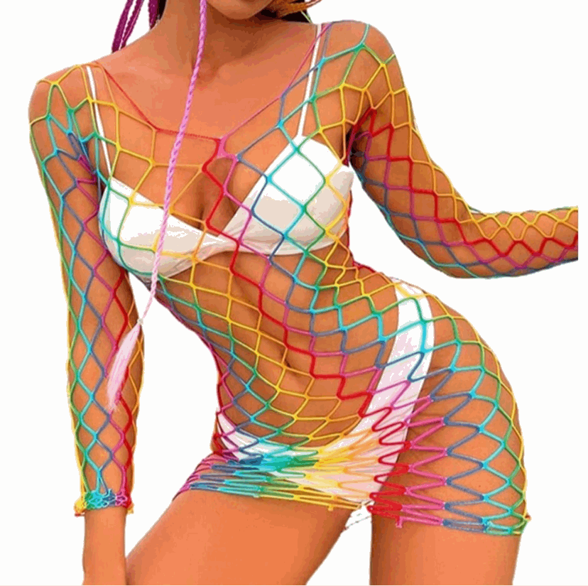 Rainbow Mesh Fishnet Dress Rave Festival Outfit Swim Cover