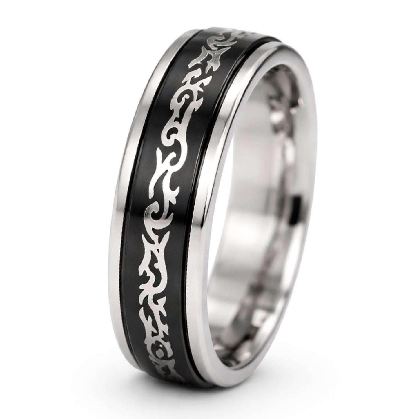 Stainless Steel Black Tribal Fidget Spinner Ring