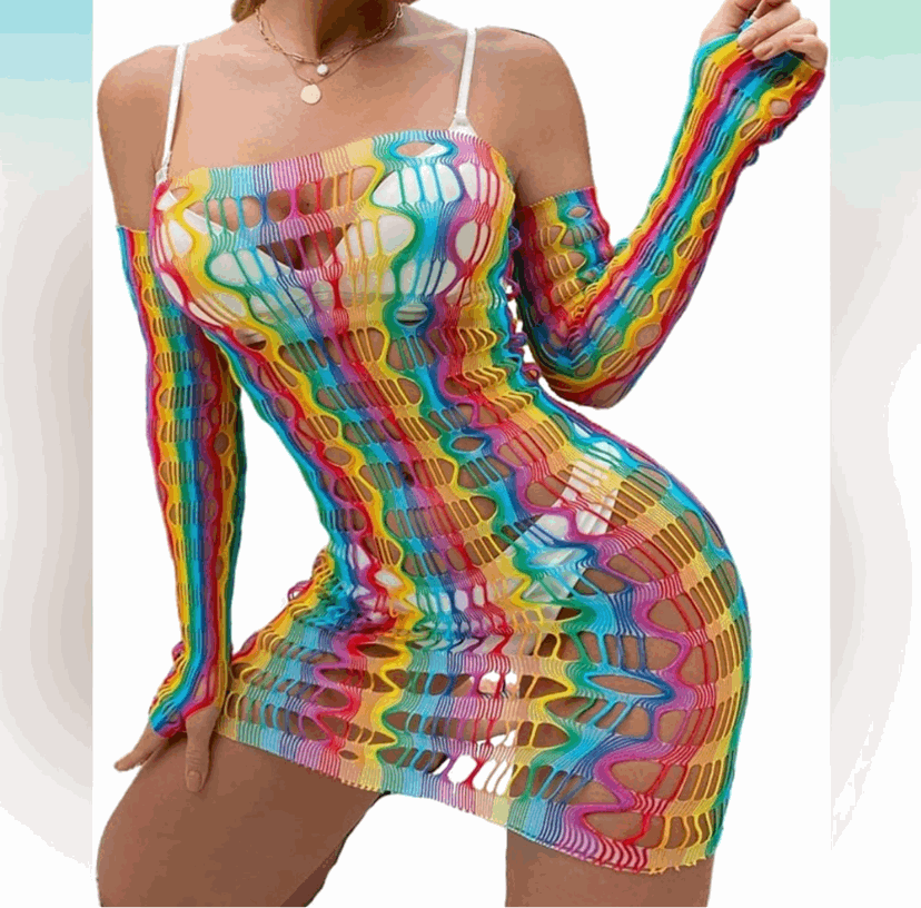 Rainbow Mesh Fishnet Dress Rave Festival Outfit Swim Cover