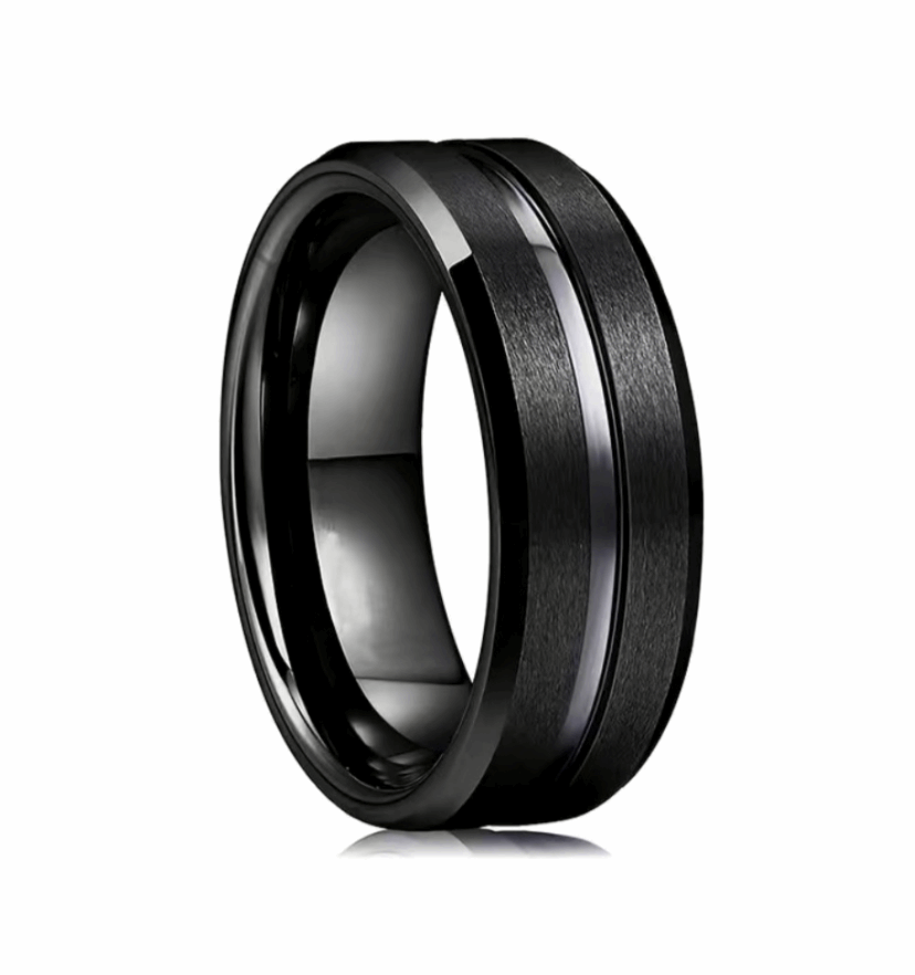 Black Pinstripe Grooved Stainless Steel Ring