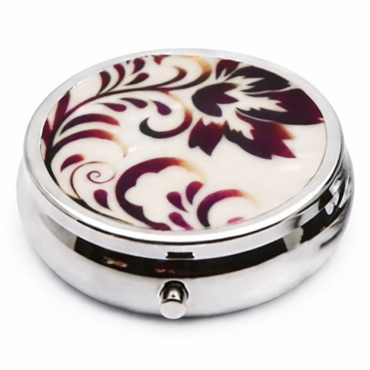 Silver & Burgundy Floral Round Pill Box Organizer – 3 Compartment Travel Case