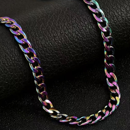 Rainbow Stainless Steel Cuban Chain Hip Hop Style Necklace