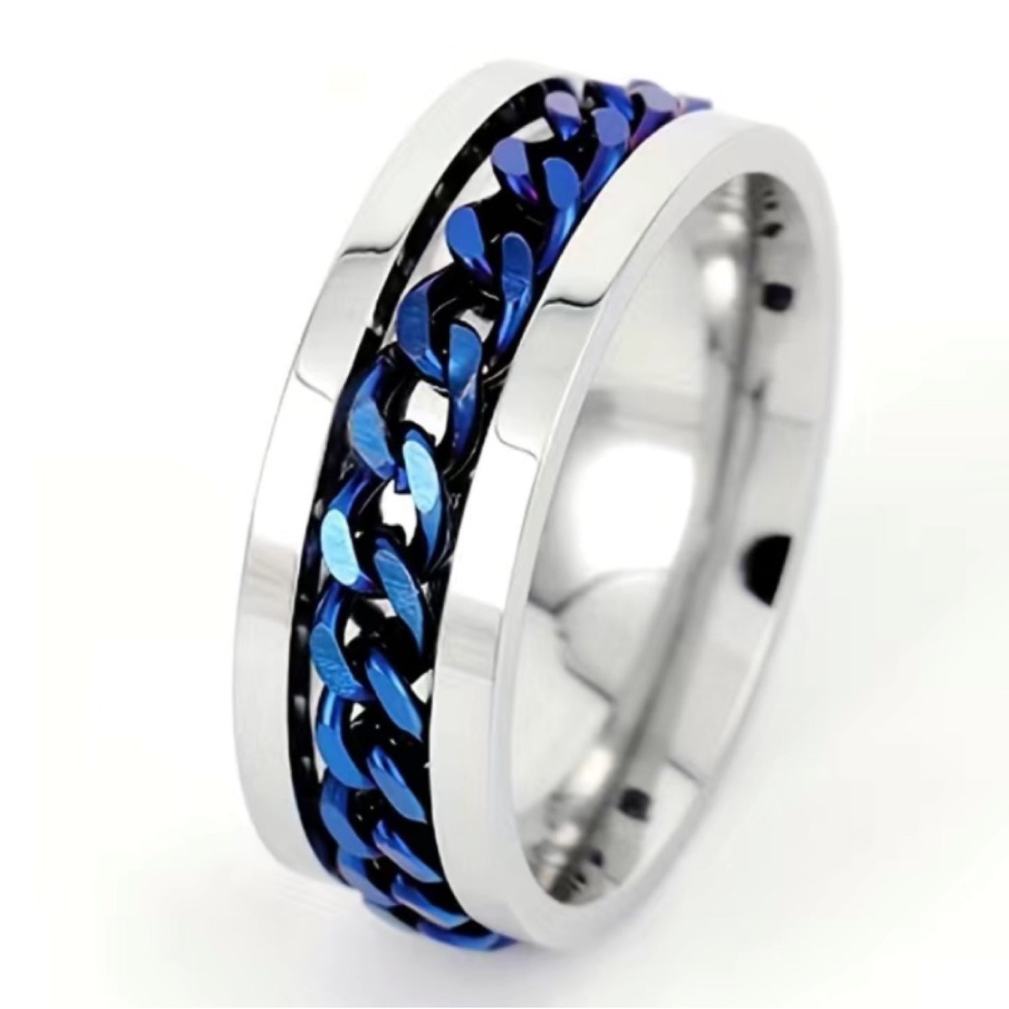 Silver Blue Chain Anxiety Fidget Spinner Ring