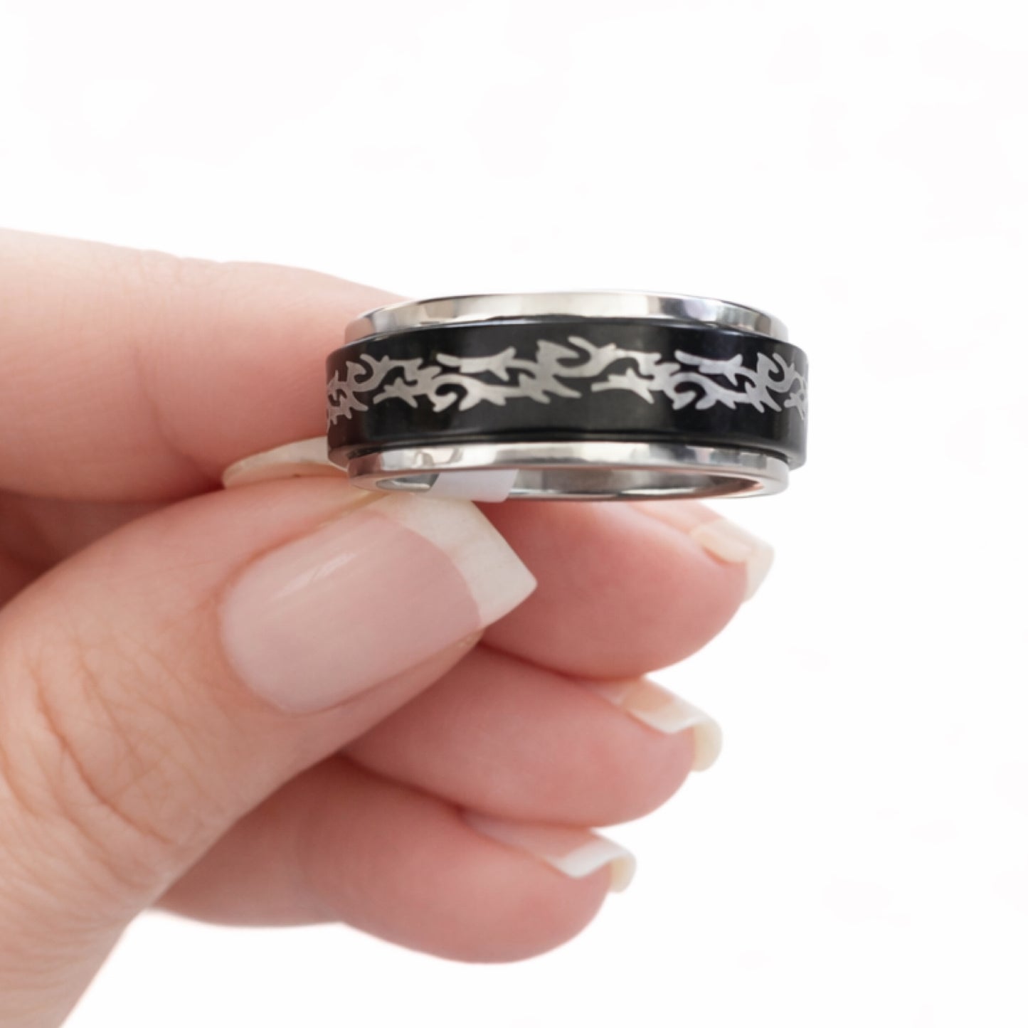 Stainless Steel Black Tribal Fidget Spinner Ring