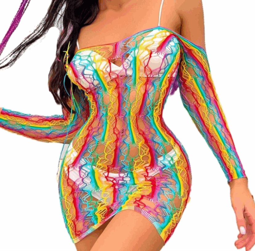 Rainbow Mesh Fishnet Dress Rave Festival Outfit Swim Cover