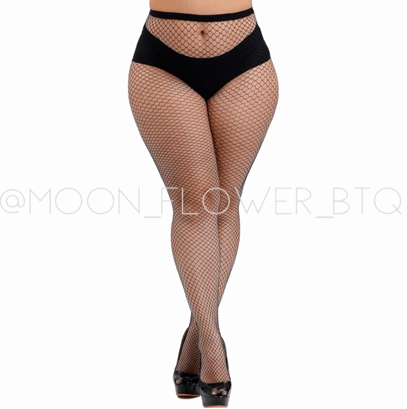 Plus Size Sexy High Waist Fishnet Stockings in Black