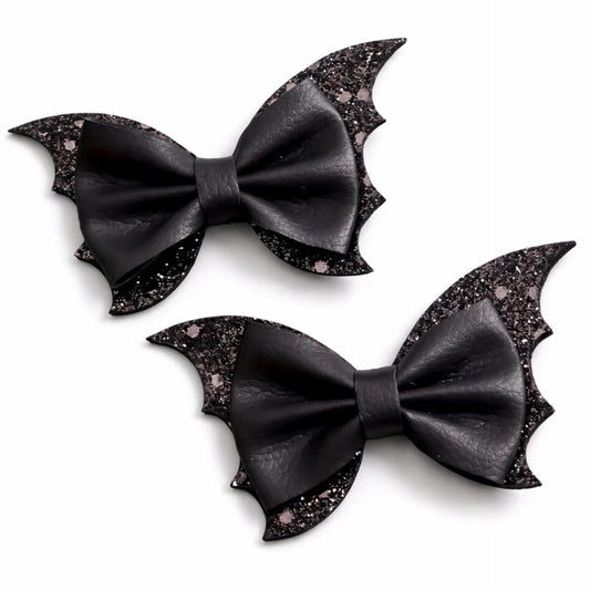 Gothic Black Batwing Bow Hair Clips – Glitter 2 Piece Set