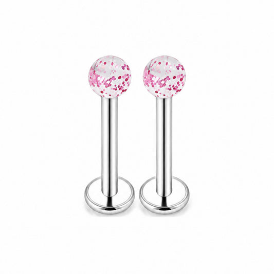 Pink Sparkle Ball Flat Back Stud Earrings - 16G 3mm
