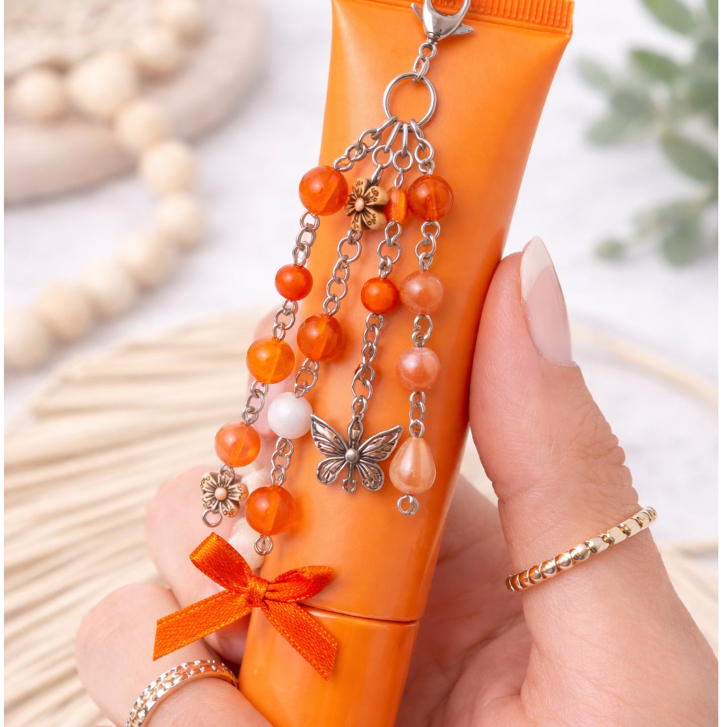 Orange Beaded Butterfly Dragonfly Charm - Keychain Bag Charm & Zipper Pull