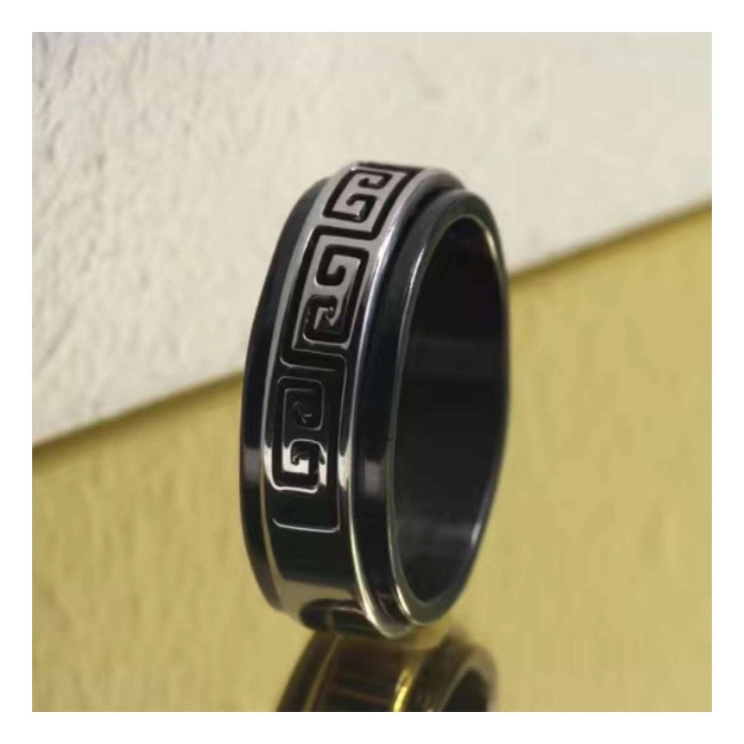 Black & Silver Cutout Greek Key Stainless Steel Anxiety Fidget Spinner Ring