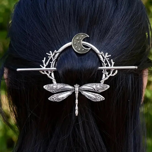 Silver Dragonfly Moon Hair Pin Set