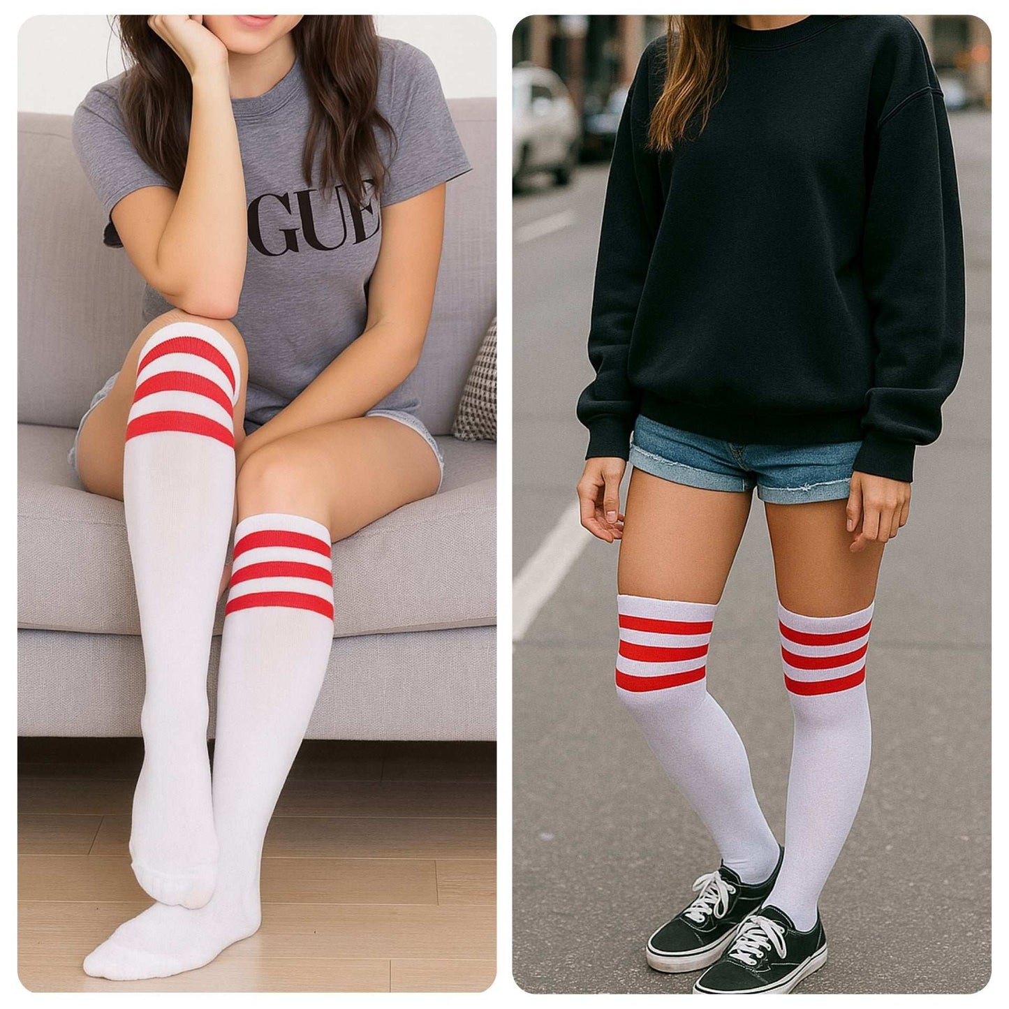 White Thigh High Nylon Stockings with Red Stripes – Retro Athletic Look