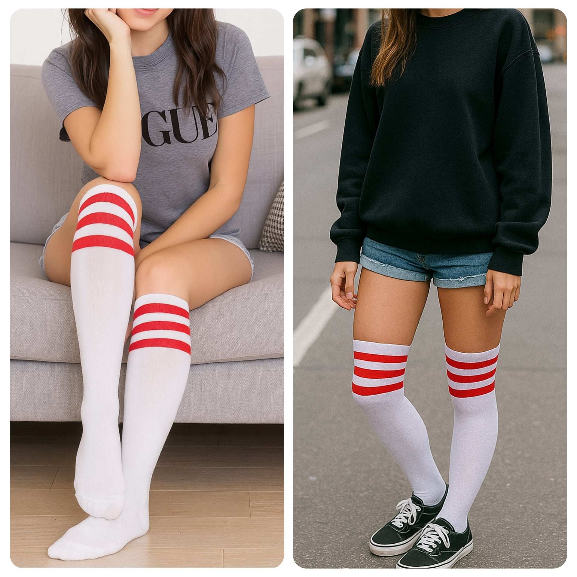 White Thigh High Nylon Stockings with Red Stripes – Retro Athletic Look
