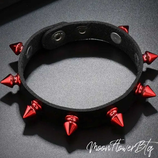 Black Red Spiked Faux Leather Cuff Bracelet