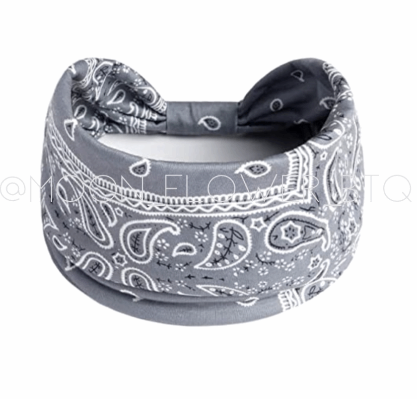 Boho Turban Headband Ear Warmer Gray Paisley Print