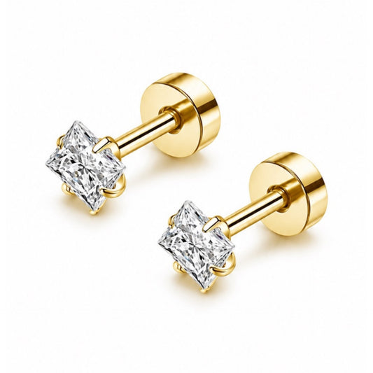 Gold Square CZ Flat Back Stud Earrings