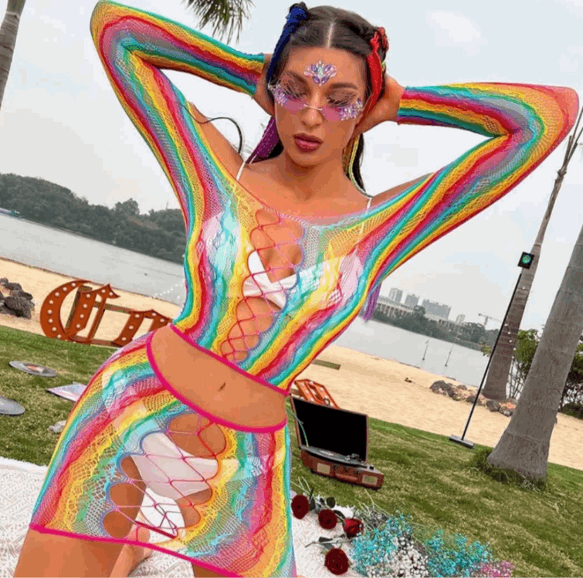 Rainbow Mesh Fishnet Dress Rave Festival Outfit Swim Cover