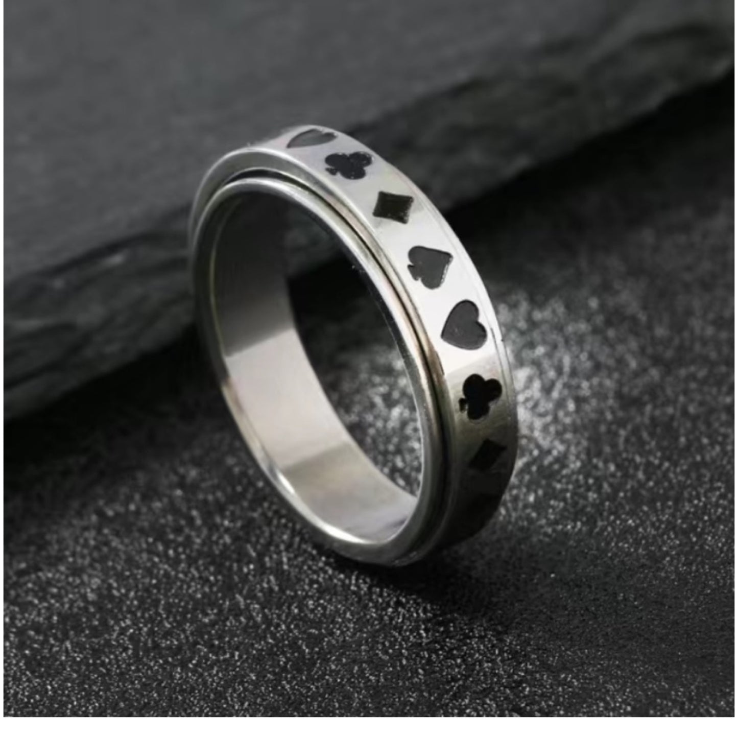 Silver Black Poker Themed Anxiety Fidget Spinner Ring