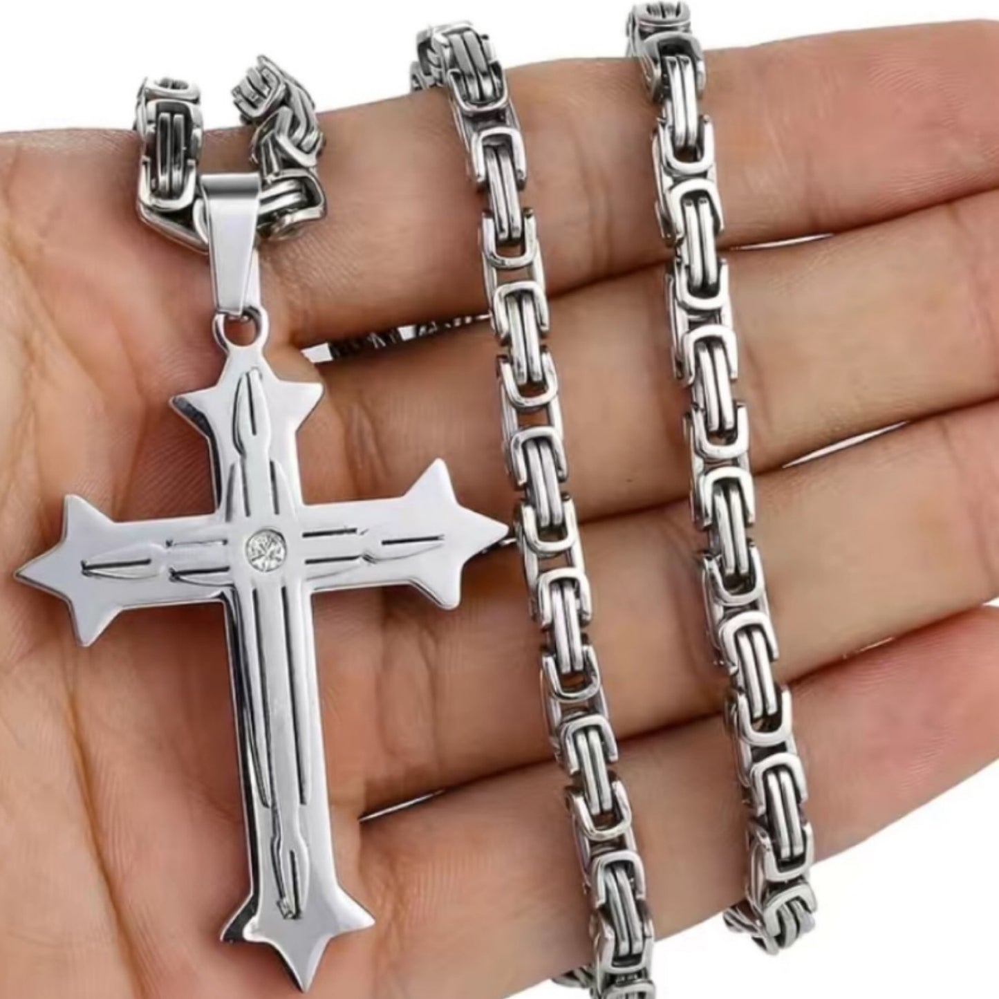 Sliver Layered CZ Cross Necklace