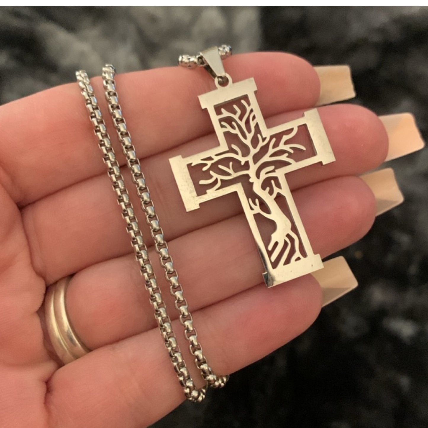 Silver Tree of Life Cross Cut Out Necklace