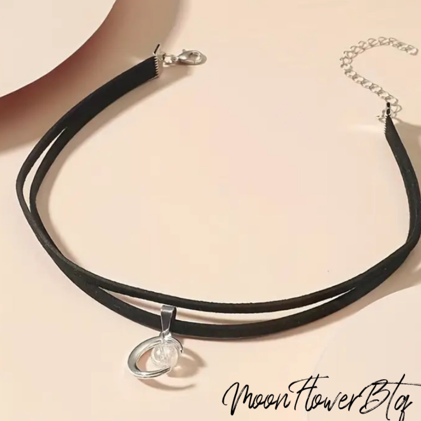 Black Silver Crescent Moon Pearl Choker