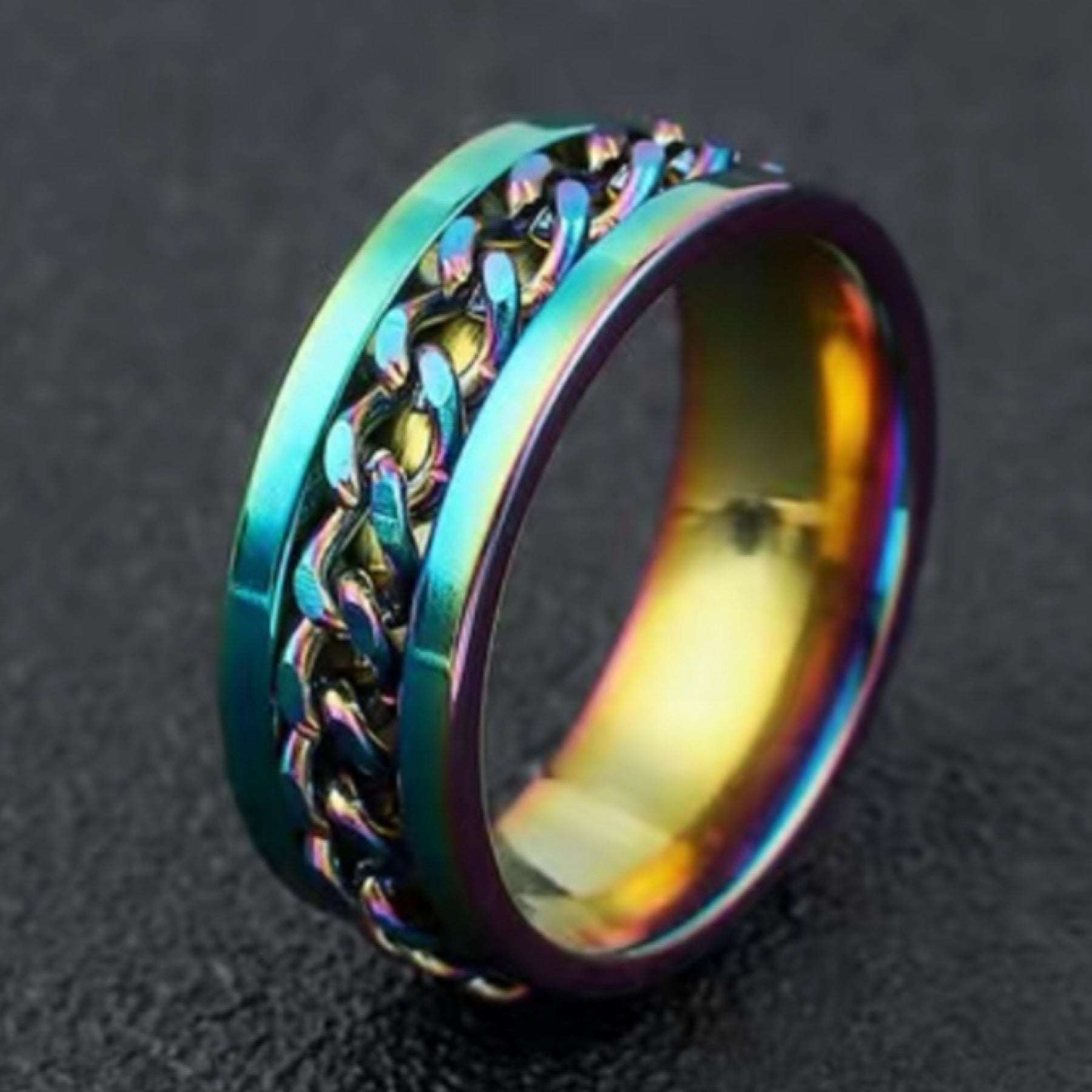 Rainbow Stainless Steel Chain Anxiety Fidget Spinner Ring