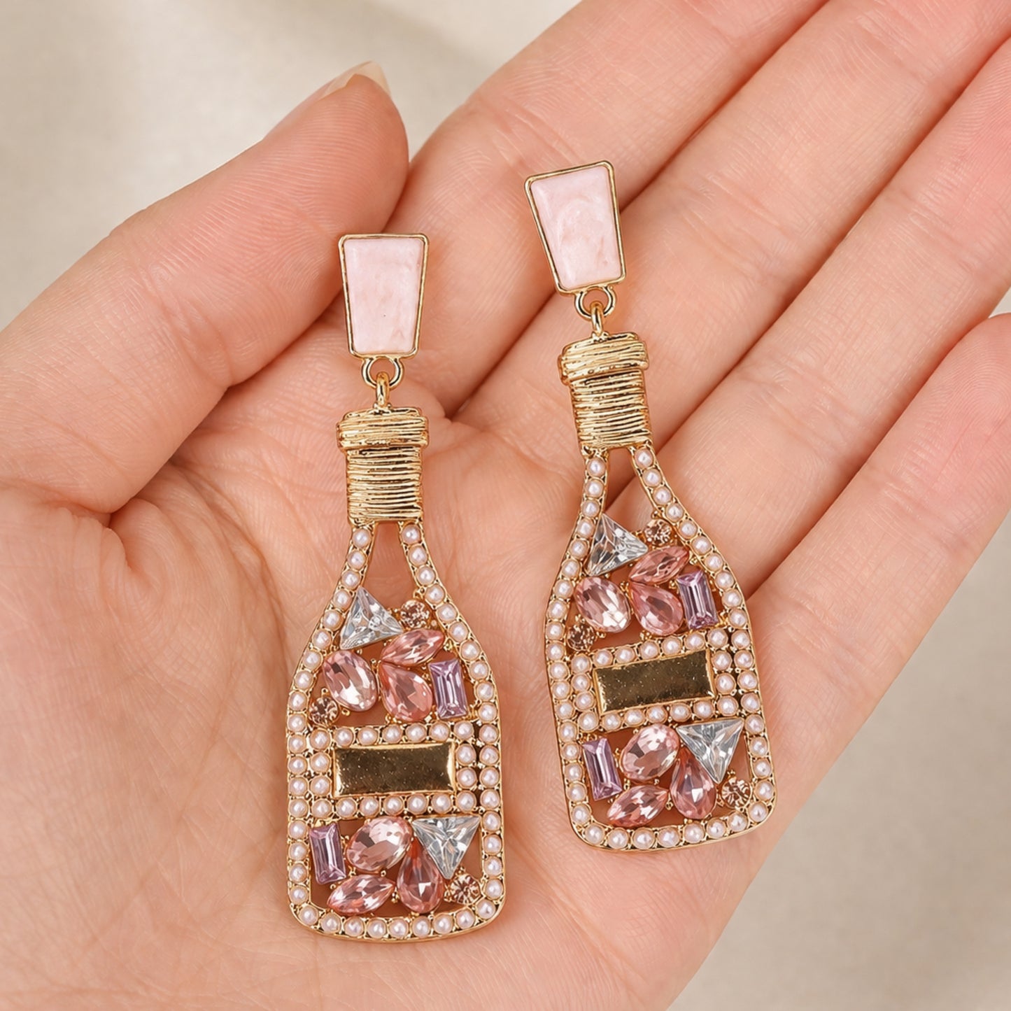Pink Champagne Bottle Rhinestone Drop Earrings